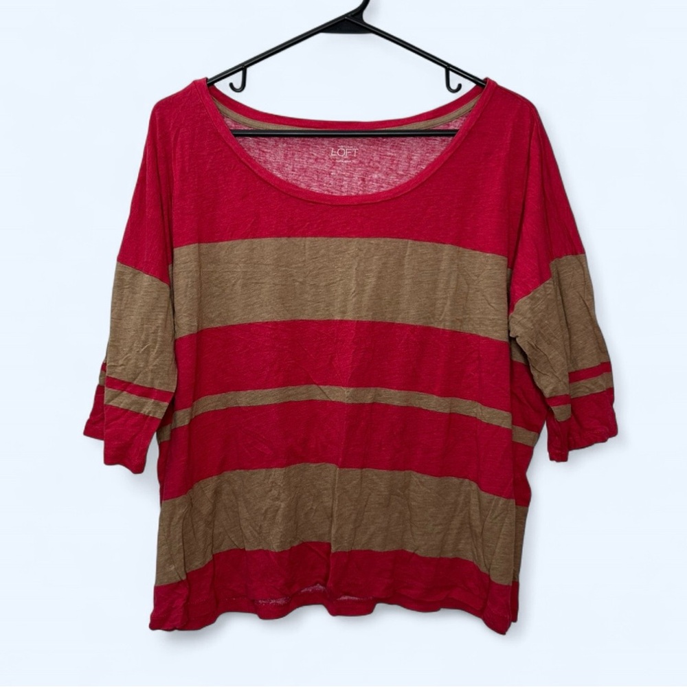 Loft Ann Taylor Striped 3/4 Dolman Sleeve Top in Pink/Tan Size XL